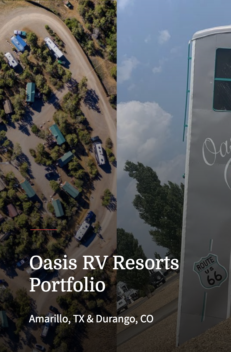A split-image showcasing the Oasis RV Resorts Portfolio, located in Amarillo, TX & Durango, CO. The left side features an aerial view of an RV resort surrounded by trees, with multiple RVs and cabins arranged in a circular layout. The right side displays a close-up of a vintage silver trailer with "Oasis" written on it, alongside a Route 66 sign. The image highlights the branding and scenic setting of the resort.

